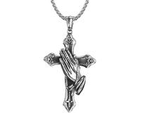 Stainless Steel Praying Hands Cross Necklace, Religious Crucifix Christ Pendant with 60cm Chain, Gift Box Included