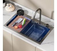 Stainless Steel Raindance Waterfall Kitchen Sink, Countertop Sink Drop-in Or Undermount Installation,with Pull-Out Faucet, Pressurized Cup Washer, Temperature Real-time Display(80 * 45cm)