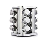 Stainless Steel Revolving 12-Jar Countertop Spice Rack Organizer, Square Seasoning Storage Organization Tower for Kitchen (Silver)