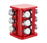 Stainless Steel Revolving 12-Jar Countertop Spice Rack Organizer, Square Seasoning Storage Organization Tower for Kitchen (Red)