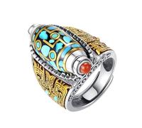 Stainless Steel Rings Women Turquoise Six Character Mantra Nine Eyed Dzi Bead Ring Tibetan Style Six Character Mantra Bead Transfer Rotating Ring Feng Shui Good Luck Stainless (Sky Blue, One Size)