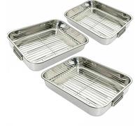 Stainless Steel Roasting Trays Oven Meat Baking Pan Dish Deep Roaster Tin Tray Removable Grill Rack Foldable Handles Easy to Use (Extra Large: 43 x 31 x 7cm)