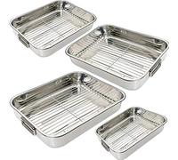 Stainless Steel Roasting Trays Oven Pan Dish Meat Baking Roaster Tin Tray Removable Grill Rack Foldable Handles Easy to Use (Large: 37.5 x 28 x 6cm)