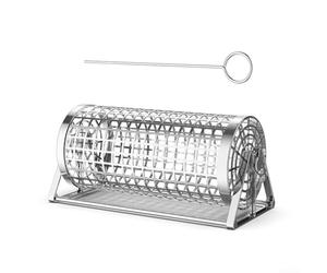 Stainless Steel Rolling BBQ Basket, Round Grilling Cage with Handle for Vegetables and Fruits, Portable Outdoor Grill Rack for Camping and Barbecue, Silver, 22x10.3x9.4cm