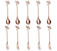 Stainless Steel Rose Gold Leaf Coffee Cake Spoon Fork--AnSaw 10pcs 4.7‘’ Creative Tableware Dessert Spoons, Stirring, Mixing, Sugar, Stir, Ice Cream,Fruit, Cake, Teaspoon Set (Rose Gold-5Spoon+5Forks)