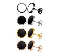 Stainless Steel Round Stud Earrings for Men Women - Silver Black/Gold Black/Rose Gold Black/Black White 4 Pairs Set