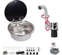 Stainless Steel RV Sink, Compact Outdoor Camper Sink with Foldable Hot & Cold Faucet, Round Hardened Glass Lid, Ideal for Mobile Home and Camping Use
