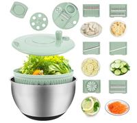 Stainless Steel Salad Spinner, 4L 5-in-1 Lettuce Dryer with Spin, Wash, Shredder, Juicer and Egg Yolk Strainer, Vegetable Washer Bowl, 5 Blades, Thickened Non-Slip Base for Quick Salad Prep