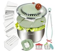 Stainless Steel Salad Spinner Large, Vegetables Fruits Wash Bowl with Strainer, Lettuce Spinner Dryer with 5 Blades Slicer, Egg Yolk Strainer, Shredder for Efficient Salad Preparation