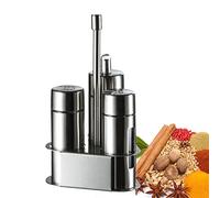Stainless Steel Salt and Pepper Set, Spices and Vinegar Dispenser with Metal Tin Storage Holder, Refillable Dispenser for Pepper Salts Seasoning
