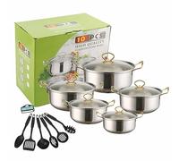 Stainless Steel Saucepan Set,10 Pcs Saucepan Set with 6 Pcs Cooking Spoon,Kitchen Stainless Steel Pot,Glass Lids and Handle,Works with Induction/Electric and Gas Cooktops (Gold)