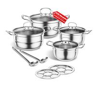 Stainless Steel Saucepan Set, 12-Piece Pots Set with Steamer and Spoon, Large Cookware, Induction Cooking Pot Set, Suitable for All Hobs (Silver)