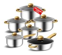 Stainless Steel Saucepan Set and Pans Set, 12-Piece Kitchen Cookware Set, Non-Toxic Cooking Set with Stay Cool Handles, Dishwasher Safe, Pot Set, Suitable for All Hobs (Gold A)