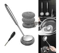 Stainless Steel Scourer Scrub Set with Long Handle Brush+Steel Ball+Screwdriver Metal Scouring Pad Removes Grease, Oil and Dirt Stains from Pots, Dishes and Bakeware (B)
