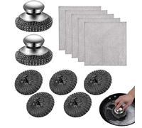 Stainless Steel Scourer With Handle, Stainless Steel Scrubber with 5 Replacement Pads and 3 Silver Rag, Big Metal Wire Wool for Cleaning, Steel Wool Scrubber for Kitchen Pots Pans Grills Sink
