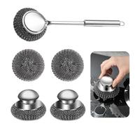 Stainless Steel Scourers with Handle with 2 Replacement Pads and 1Pcs Steel Wool Scrubber with Long Handle, Heavy Duty Cleaning Supplies for Cleaning Kitchen Pots Pans Grills Sink