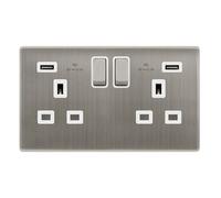 Stainless Steel Screwless Plate 2 Gang 13A Dp Ingot 2 Usb Twin Double Switched Plug Socket - White Trim - Se Home