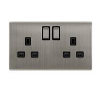 Stainless Steel Screwless Plate 2 Gang 13A Dp Ingot Twin Double Switched Plug Socket - Black Trim - Se Home