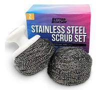 Stainless Steel Scrubber Set Steel Wool Scrubber Marine Grade Scouring Pads & Brush Handle, Heavy Duty Cleaning Supplies, Kitchen Cleaner, Dishes, Teak Wood Outdoor Furniture, Metal Tough Cleaning