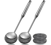 Stainless Steel Scrubber with Handle, Heavy Duty Metal Scourers with Replacement Heads, Detachable Heavy Duty Dish Brush, Steel Scrubber for Cleaning Kitchen, Pots, Grills, Sink (4 pcs with 2 heads)