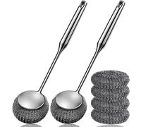 Stainless Steel Scrubber with Handle, Heavy Duty Metal Scourers with Replacement Heads, Detachable Heavy Duty Dish Brush, Steel Scrubber for Cleaning Kitchen, Pots, Grills, Sink (6 pcs with 2 heads)