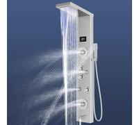 Stainless Steel Shower Panel with LED,5 in 1 Function Column,Manually Controlled Thermostatic Shower Panel Column Tower with Waterfall Rainfall Shower, Massage Jets, Hand Shower, Tub Spout
