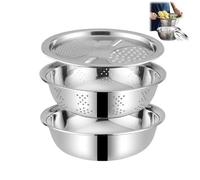 Stainless Steel Shredding & Drainage Chopping Basin, 3 in 1 Multifunctional Mixing Bowls with Grater, Strainer and Drain Basket, Nesting Storage Bowls, Salad Bowl for Kitchen (24x24cm)