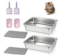Stainless Steel Sifting Cat Litter Box 2 Pack - 17.5" x 13.5" x 4" Metal High Sided Open Top Cat Pan Sifting Non Stick Surface Litterbox Odor Control Non-Clumping with Scoop Litter Mat Trash Bag