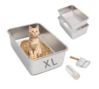 Stainless Steel Sifting Cat Litter Box, XL High-Sided, Anti-Leakage, Easy Clean, 23.6" L x 15.7" W x 7.8" H，Includes Scoop & Liner, Ideal for Big Cats & Pine Pellets