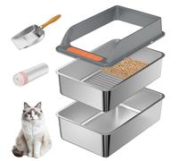 Stainless Steel Sifting Litter Box with Lid, Large Sifting Cat Litter Box for Pine Pellets & Big Cats,Metal Pellet Sifter Litter Pan System for Odor Control,Sifting Box Liners & Scoop