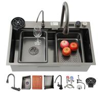 Stainless Steel Single Bowl Kitchen Sink with Black Waterfall Faucet -Workstation Design, Pull-Out Tap, Cutting Board & Full Accessories Included(Black-b,68x45cm)