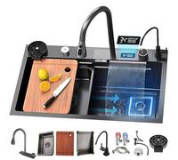 Stainless Steel Single Bowl Kitchen Sink with Black Waterfall Faucet -Workstation Design, Pull-Out Tap, Cutting Board & Full Accessories Included(Black-b,75x50cm)
