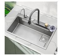 Stainless Steel Single Bowl Kitchen Sink with Flying Rain Faucet & Soap Dispenser Nano Coating Drop-In/Undermount Gun Gray 75x46x22cm - Modern Bar Sink