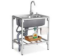 Stainless Steel Single Bowl Kitchen Sink with Stand Laundry Freestanding Sink with Faucet, Commercial Sinks for Laundry/Backyard/Garage 71 * 50 * 85cm