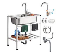 Stainless Steel Single Bowl Utility Sink with Stand Free Standing Commercial Restaurant Kitchen Set Tap Drain Basket Shelf Towel Bar, for Kitchen, Laundry Room, Garage