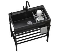 Stainless Steel Sink,Black Outdoor Kitchen Sink,Free Standing Commercial Restaurant Sink,Single Bowl Station Utility Sinks with Drainer Unit and Tap set,for Laundry Room Bar Backyard Garage(60x45x86cm