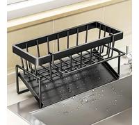 Stainless Steel Sink Caddy with Brush Holder - Self-Draining Sponge Holder for Kitchen Countertop - Modern Black Kitchen Accessories with Divider