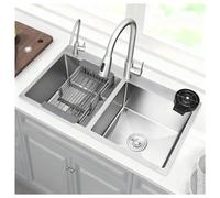 Stainless Steel Sink Double Basin Design Includes Retractable Basket Kitchen Sinks 2 Flush Modes Rounded Corners Thickened Countertop 3 Installation Methods Large Capacitility Dishwashing(33.5x17.7)