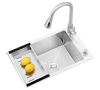 Stainless Steel Sink,Large Single Slot Under The Left/Right Side,304 Thickened Brushed Handmade Kitchen Single Slot with Pull-Out Faucet (Color : Silver, Size : 45 * 38 * 22cm)