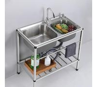 Stainless Steel Sink Mobile Sink Freestanding Double Bowl Utility Sink Camping Sink with Hot Cold Tap Commercial Sink Set for Outdoor Restaurant Garage Courtyard Laundry (72x38cm)