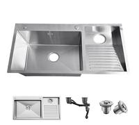 Stainless steel sink-Utility Sink with Washboard Stainless Steel Kitchen Sink Large Workstation Washing Basin Clean Double-Bowl with Angle Valve, Drain Kit,（Left,90x48cm）