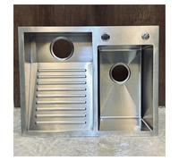Stainless steel sink-Utility Sink with Washboard Stainless Steel Kitchen Sink Large Workstation Washing Basin Clean Double-Bowl with Angle Valve, Drain Kit,（Right,60x48cm）