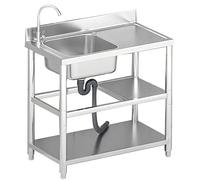 Stainless Steel Sink, W/Faucet Utility Washing Hand Basin Kitchen Restaurant Storage Shelf for Bathroom(100x50x85cm)