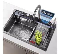 Stainless Steel Sink with Waterfall Black Kitchen Sink Large Single Bowl Sink with Water Temperature Display Complete Accessories (75x45x22cm)