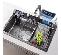 Stainless Steel Sink with Waterfall Black Large Single Bowl Sink - Water Temperature Display & Complete Accessories (85x46x22cm)