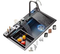 Stainless Steel Sink with Waterfall Black Large Single Bowl Sink - Water Temperature Display & Complete Accessories (88x48x23cm)