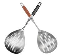 Stainless Steel Skimmer Spoon with Wooden Handle 2pcs for Cooking | Deep Bowl, Fast Liquid Separation, Hangable Storage, for Noodles, Meatballs, Wok Filtering and Deep Frying