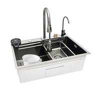 Stainless Steel Smart Sink, Multifunctional Kitchen Waterfall Sink with Cup Washe, Four Outlet Modes, Pull Out Faucet, Otatable Faucet, Basin, Drainage Board, Chopping Board and Drainer Fitting