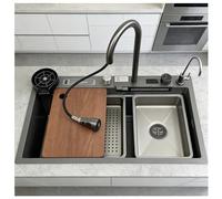 Stainless Steel Smart Waterfall Kitchen Sink with Digital Temperature Display Pull-Out Faucet Double Waterfall Modes Cup Washer Soap Dispenser Large Single Bowl Workstation Sink.(Gray,7545)