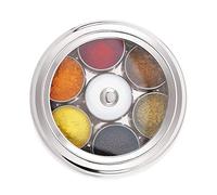 Stainless Steel Spice Box, Masala Dabba, See through lid 7 with containers and a 7 Spoons, Silver Belly Shape Size 12.